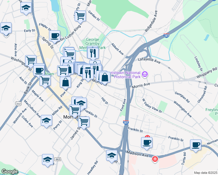 map of restaurants, bars, coffee shops, grocery stores, and more near 163 Morris Street in Morristown