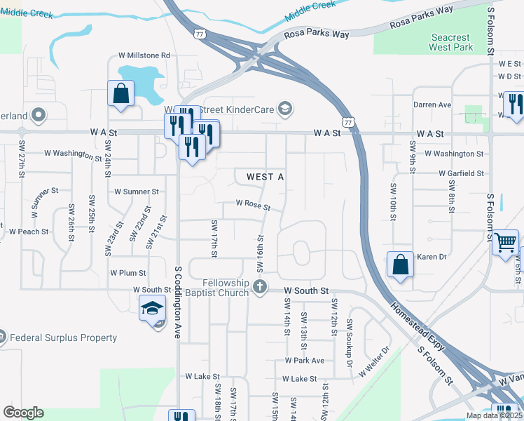 map of restaurants, bars, coffee shops, grocery stores, and more near 1601 West Rose Street in Lincoln