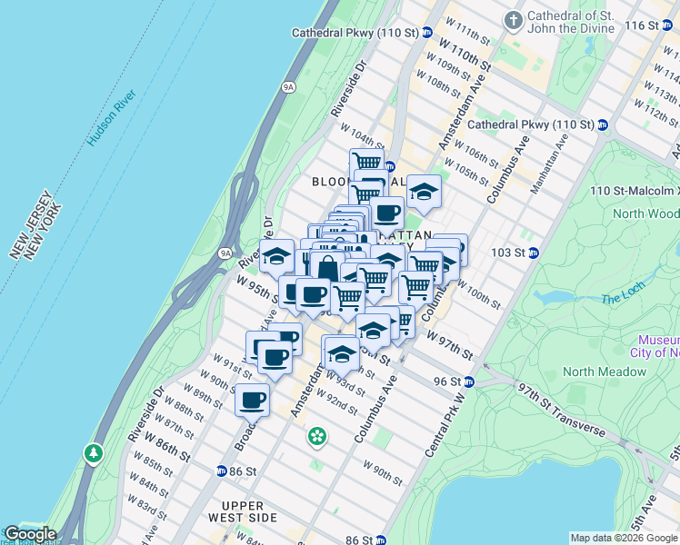 map of restaurants, bars, coffee shops, grocery stores, and more near 2576 Broadway in New York