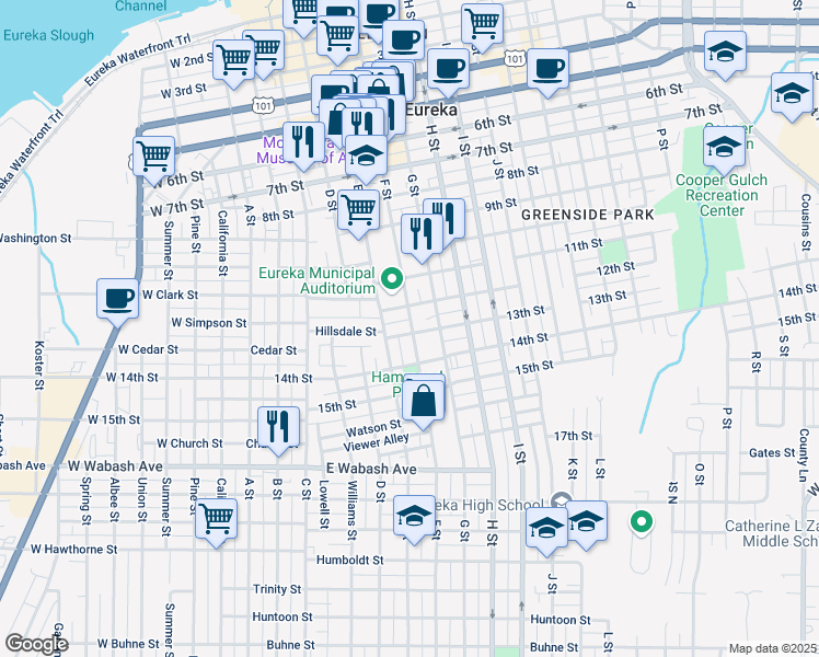 map of restaurants, bars, coffee shops, grocery stores, and more near 555 13th Street in Eureka