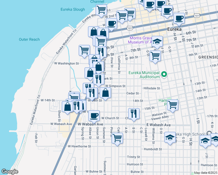 map of restaurants, bars, coffee shops, grocery stores, and more near 1215 Pine Street in Eureka