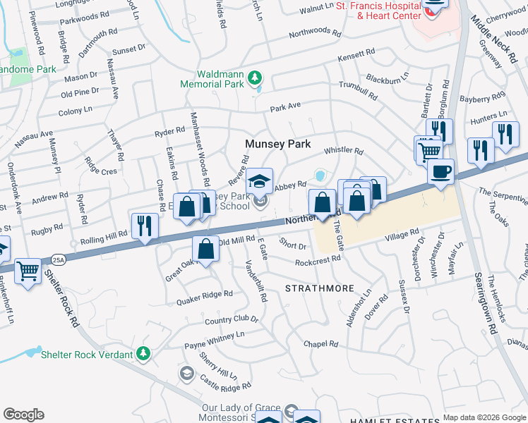 map of restaurants, bars, coffee shops, grocery stores, and more near 1 Hunt Lane in Manhasset