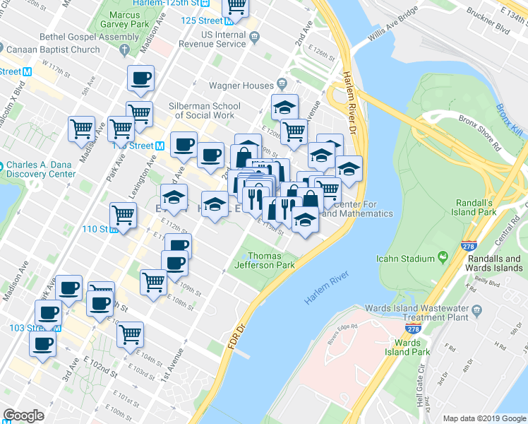 map of restaurants, bars, coffee shops, grocery stores, and more near in New York