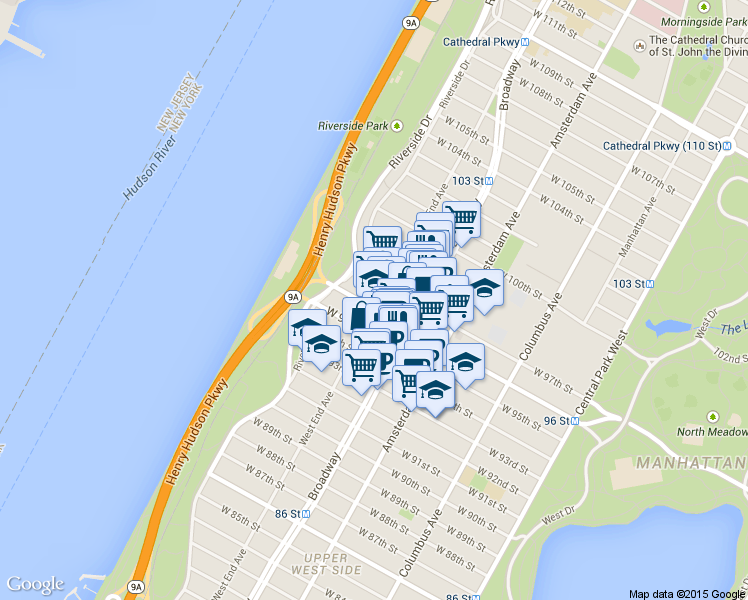 map of restaurants, bars, coffee shops, grocery stores, and more near 315 West 96th Street in New York