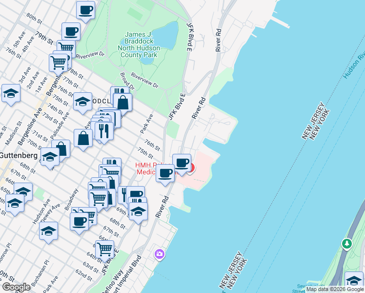 map of restaurants, bars, coffee shops, grocery stores, and more near 1510 77th Street in North Bergen