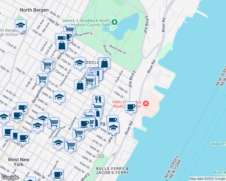 map of restaurants, bars, coffee shops, grocery stores, and more near 31 75th Street in North Bergen