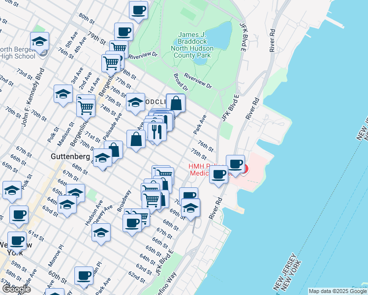 map of restaurants, bars, coffee shops, grocery stores, and more near 31 75th Street in North Bergen