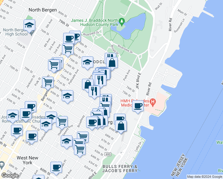 map of restaurants, bars, coffee shops, grocery stores, and more near 124 74th Street in North Bergen