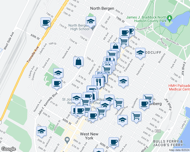 map of restaurants, bars, coffee shops, grocery stores, and more near 528 68th Street in Guttenberg