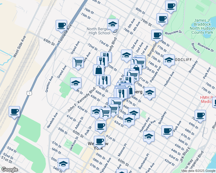 map of restaurants, bars, coffee shops, grocery stores, and more near 6714 Jackson Street in Guttenberg