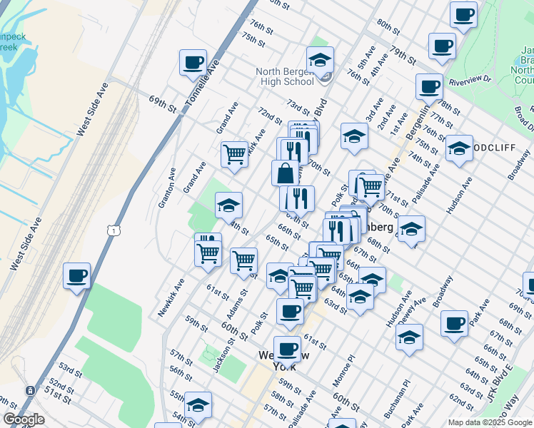 map of restaurants, bars, coffee shops, grocery stores, and more near 6513 Bergenwood Avenue in North Bergen