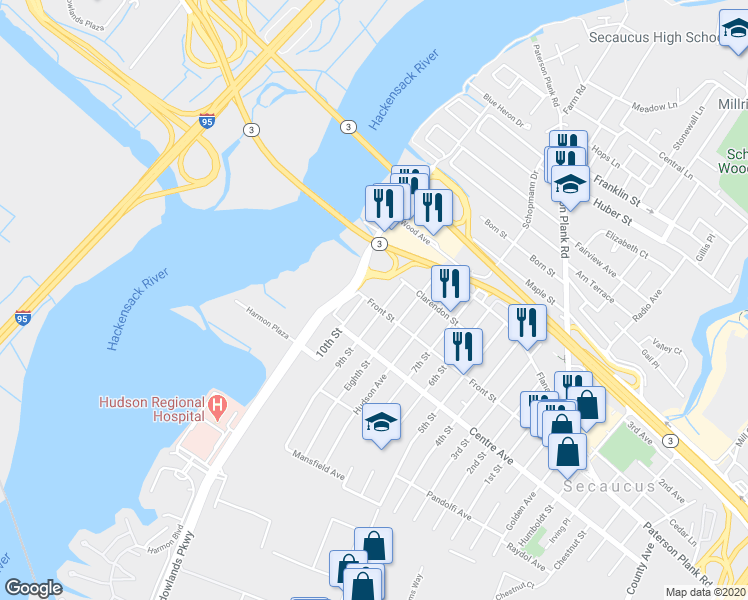 map of restaurants, bars, coffee shops, grocery stores, and more near 782 10th Street in Secaucus