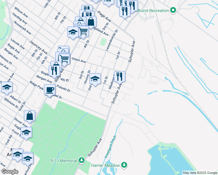 map of restaurants, bars, coffee shops, grocery stores, and more near 163 Canterbury Avenue in North Arlington