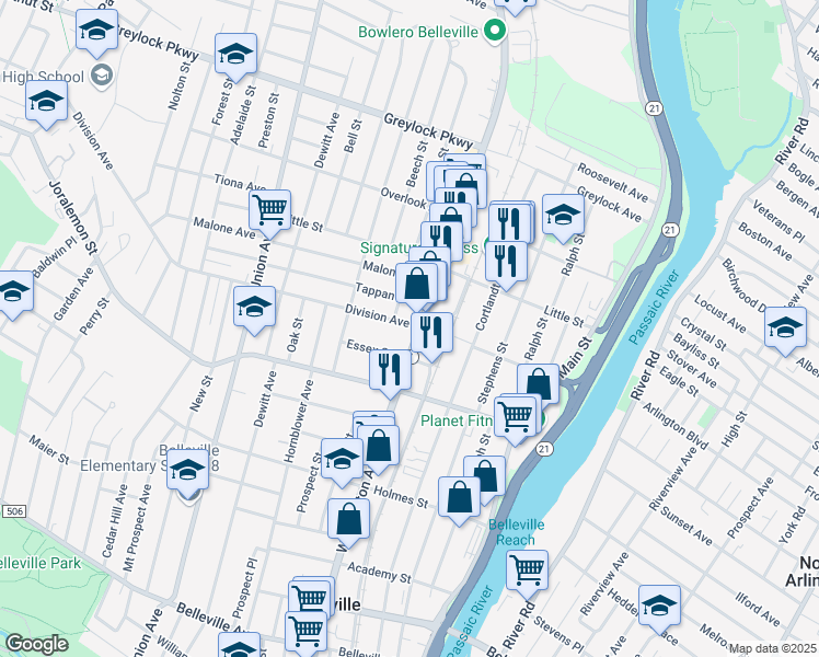 map of restaurants, bars, coffee shops, grocery stores, and more near 433 Washington Avenue in Belleville