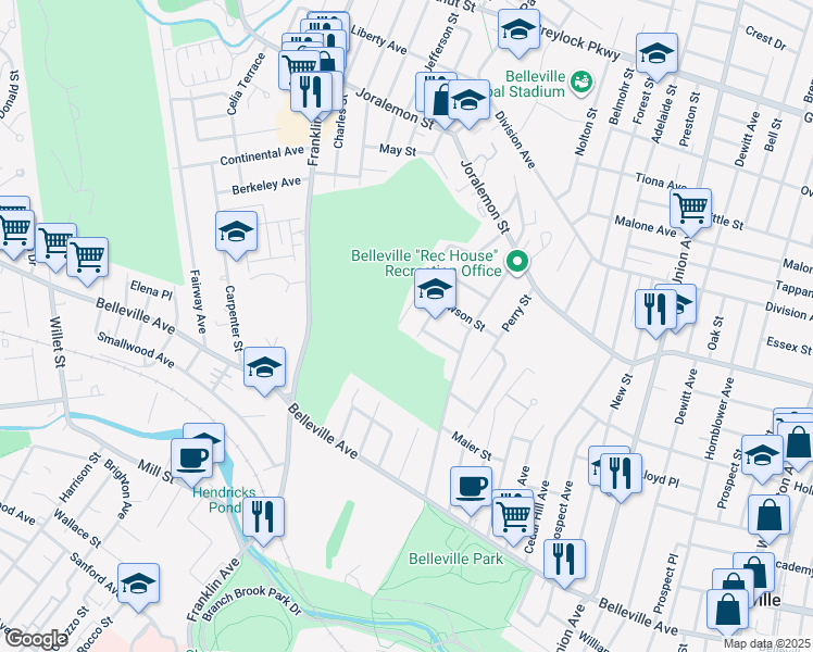 map of restaurants, bars, coffee shops, grocery stores, and more near 9 Baldwin Place in Belleville