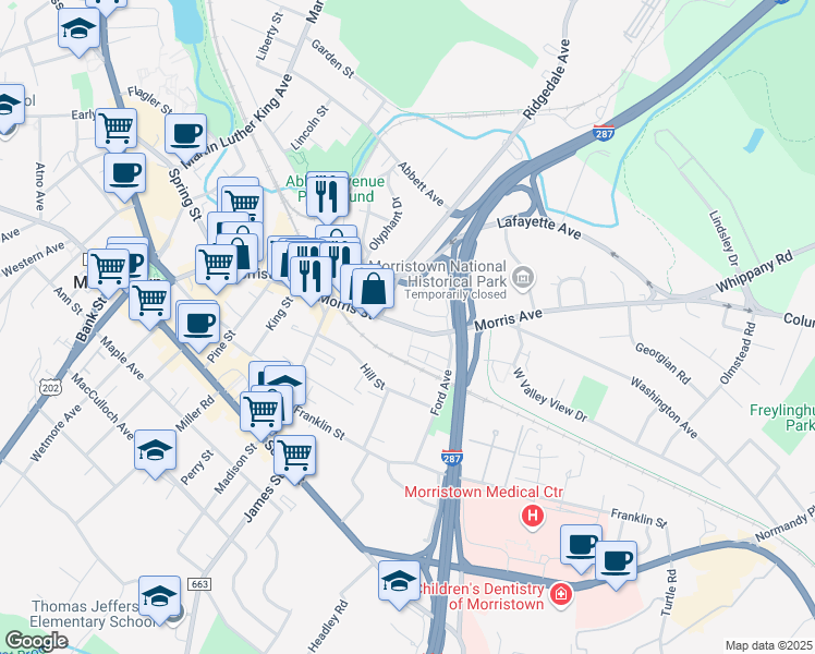 map of restaurants, bars, coffee shops, grocery stores, and more near 185 Morris Street in Morristown