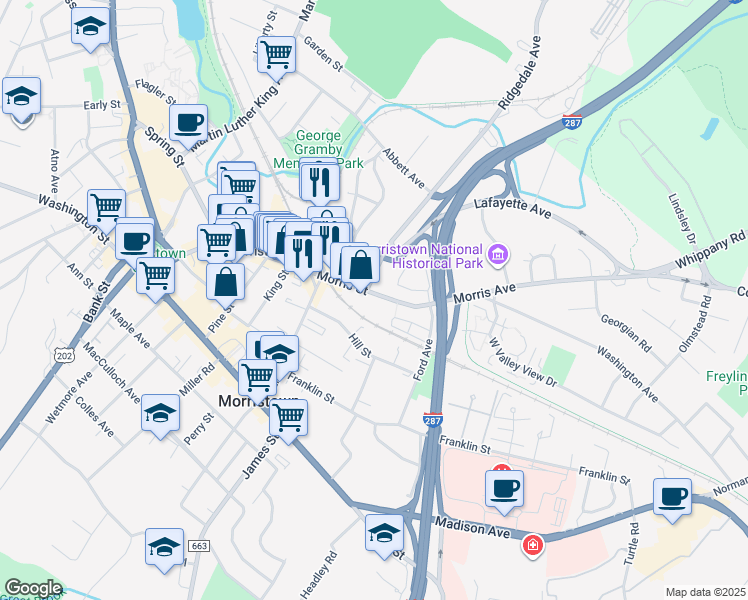 map of restaurants, bars, coffee shops, grocery stores, and more near 163 Morris Street in Morristown