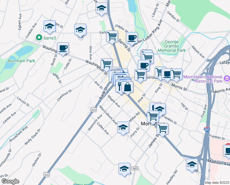 map of restaurants, bars, coffee shops, grocery stores, and more near 11 South Street in Morristown