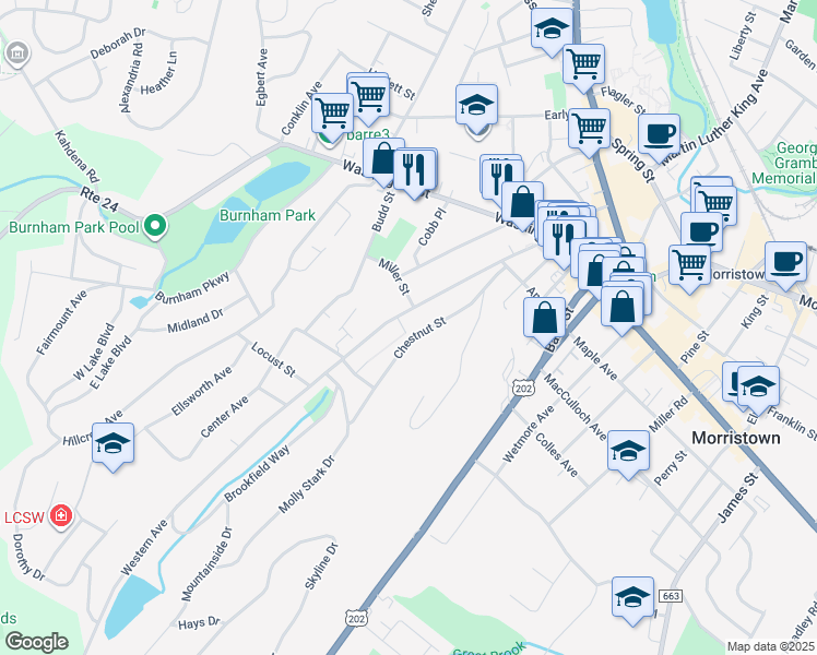 map of restaurants, bars, coffee shops, grocery stores, and more near 50 Chestnut Street in Morristown
