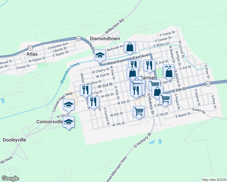 map of restaurants, bars, coffee shops, grocery stores, and more near 30-98 South Vine Street in Mount Carmel