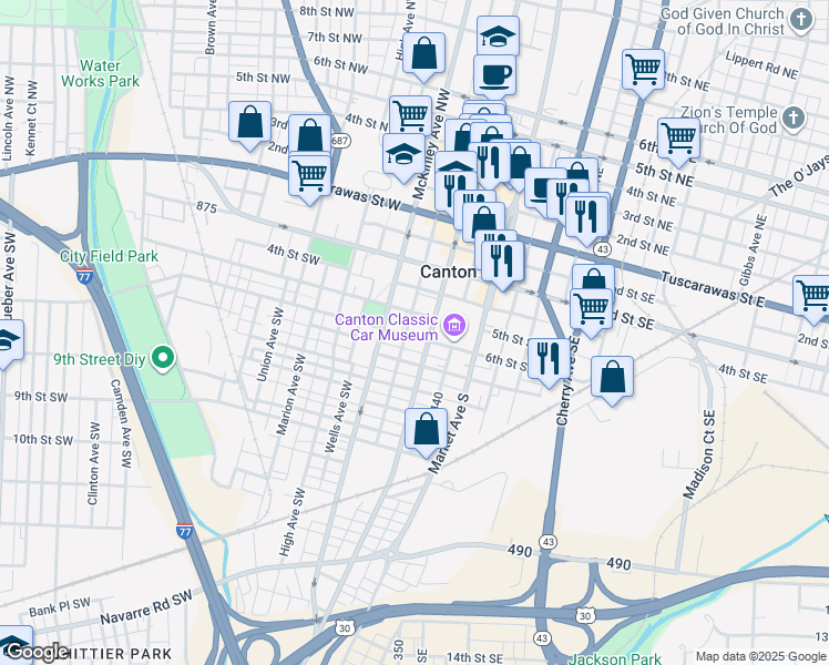 map of restaurants, bars, coffee shops, grocery stores, and more near 537 Cleveland Avenue Southwest in Canton