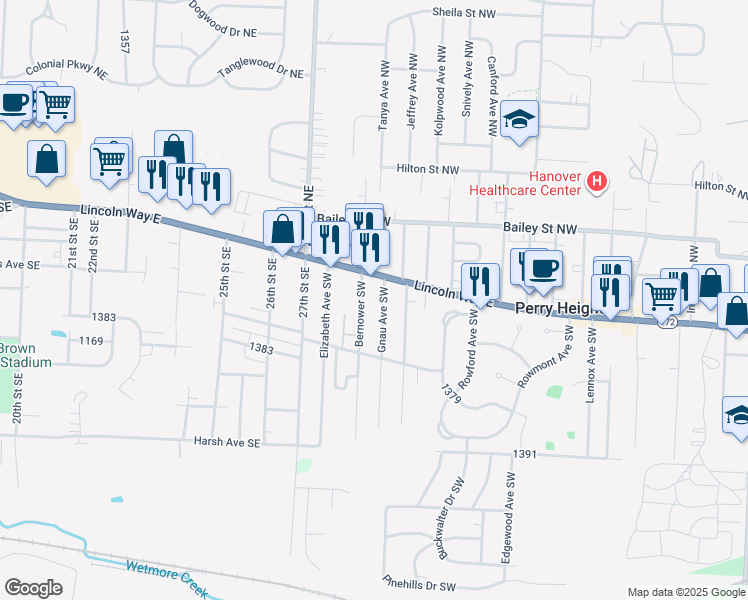 map of restaurants, bars, coffee shops, grocery stores, and more near 2851 Lincoln Way East in Massillon