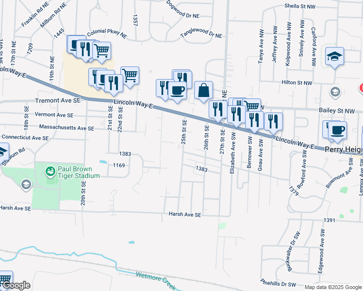 map of restaurants, bars, coffee shops, grocery stores, and more near 174 25th Street Southeast in Massillon