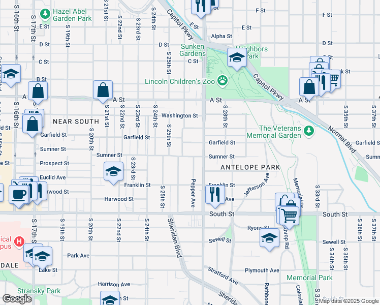 map of restaurants, bars, coffee shops, grocery stores, and more near 2600 Sumner Street in Lincoln