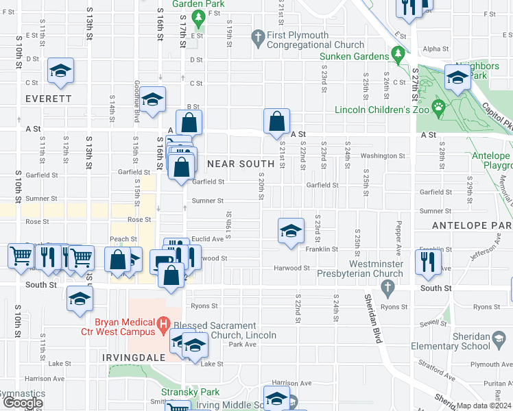 map of restaurants, bars, coffee shops, grocery stores, and more near 1650 South 20th Street in Lincoln