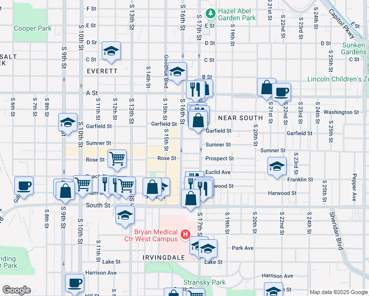 map of restaurants, bars, coffee shops, grocery stores, and more near 1634 Prospect Street in Lincoln