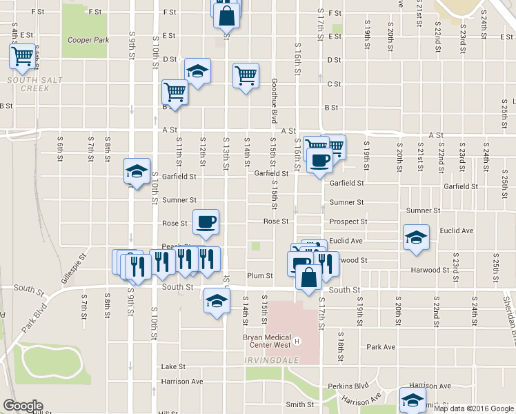 map of restaurants, bars, coffee shops, grocery stores, and more near 1728 South 14th Street in Lincoln