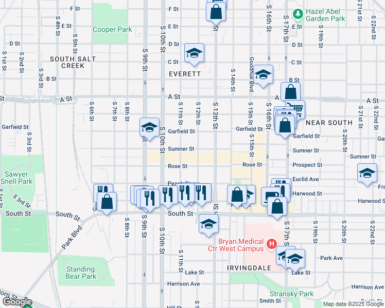 map of restaurants, bars, coffee shops, grocery stores, and more near 1131 Sumner Street in Lincoln