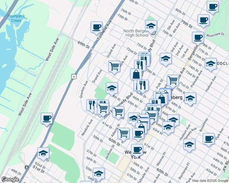 map of restaurants, bars, coffee shops, grocery stores, and more near 6500 Durham Avenue in North Bergen