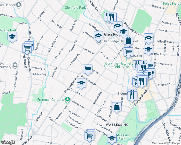 map of restaurants, bars, coffee shops, grocery stores, and more near 74 Winsor Place in Glen Ridge