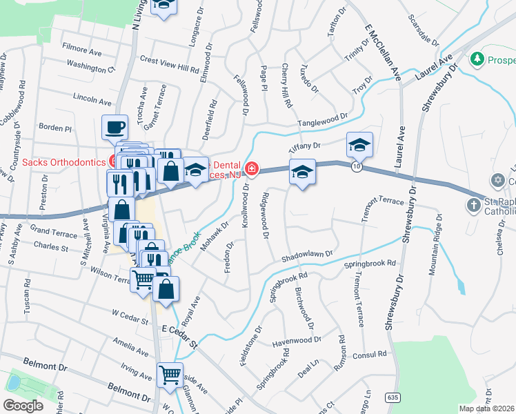 map of restaurants, bars, coffee shops, grocery stores, and more near 16 Ridgewood Drive in Livingston
