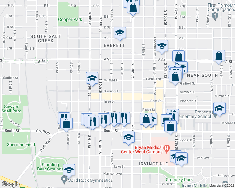 map of restaurants, bars, coffee shops, grocery stores, and more near 1131 Sumner Street in Lincoln
