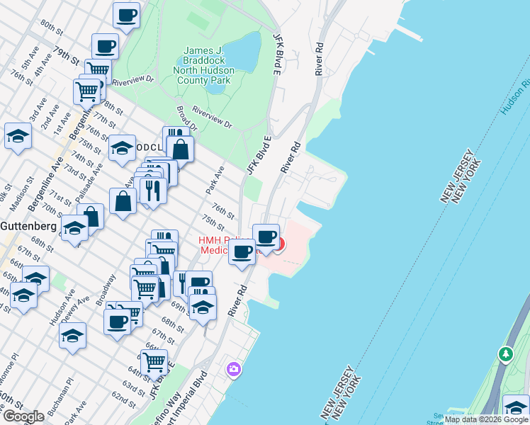 map of restaurants, bars, coffee shops, grocery stores, and more near 1510 77th Street in North Bergen
