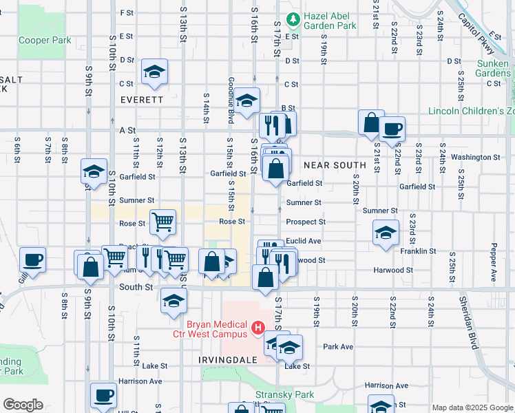map of restaurants, bars, coffee shops, grocery stores, and more near 1634 Prospect Street in Lincoln