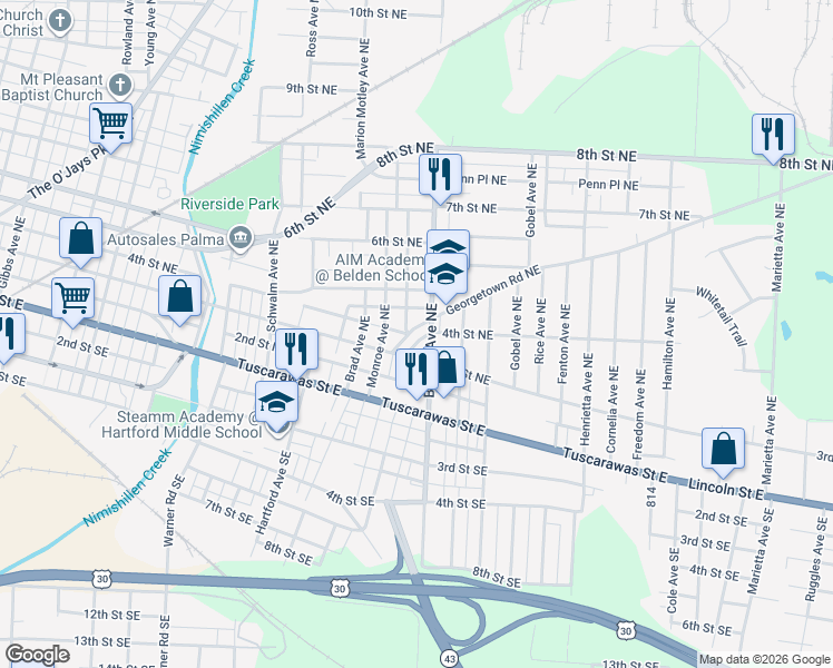 map of restaurants, bars, coffee shops, grocery stores, and more near 2032 Georgetown Road Northeast in Canton