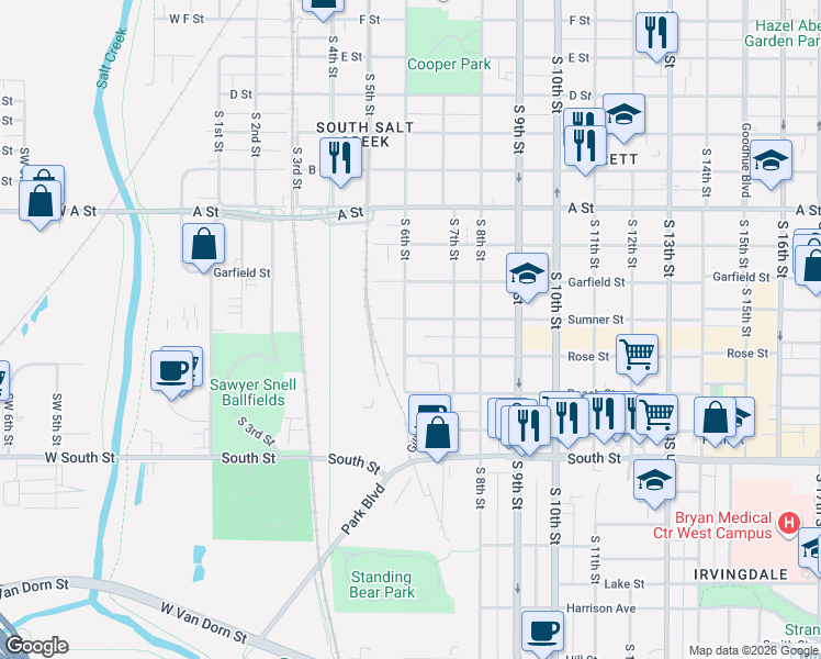 map of restaurants, bars, coffee shops, grocery stores, and more near 1708 South 6th Street in Lincoln