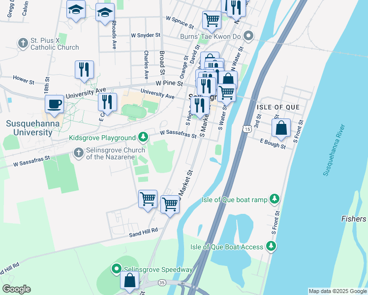 map of restaurants, bars, coffee shops, grocery stores, and more near 315 South High Street in Selinsgrove