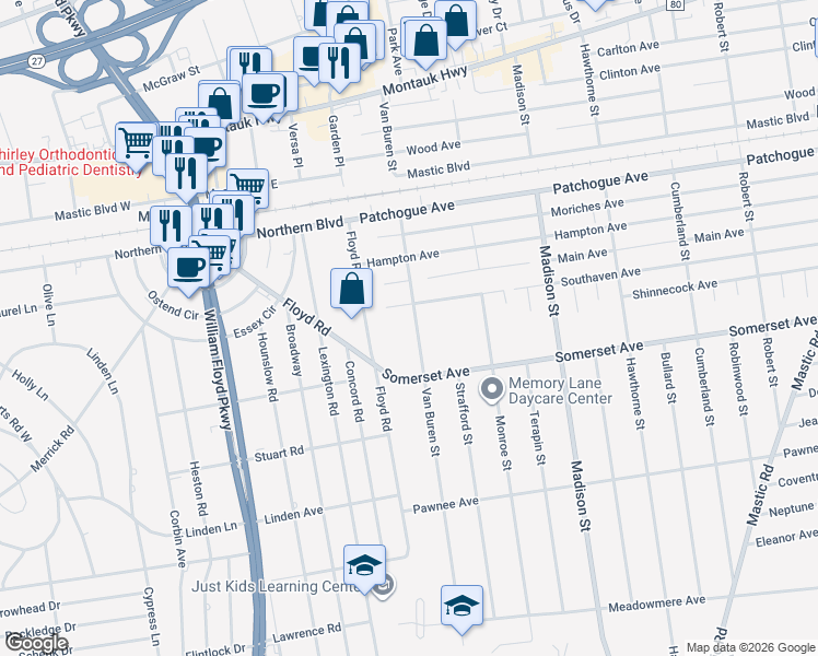 map of restaurants, bars, coffee shops, grocery stores, and more near 110 Van Buren Street in Mastic