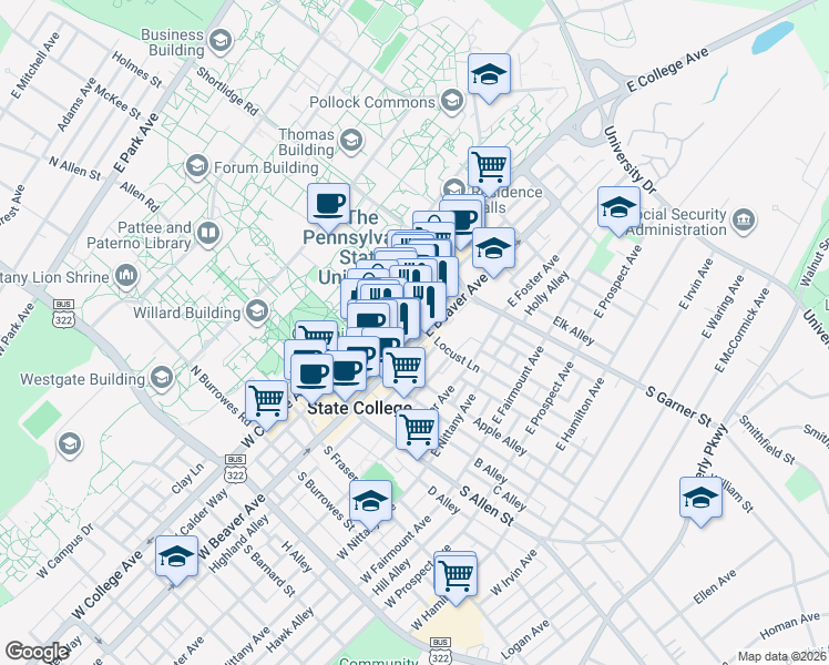 map of restaurants, bars, coffee shops, grocery stores, and more near 211 East Beaver Avenue in State College