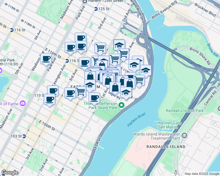 map of restaurants, bars, coffee shops, grocery stores, and more near 2250 1st Avenue in New York