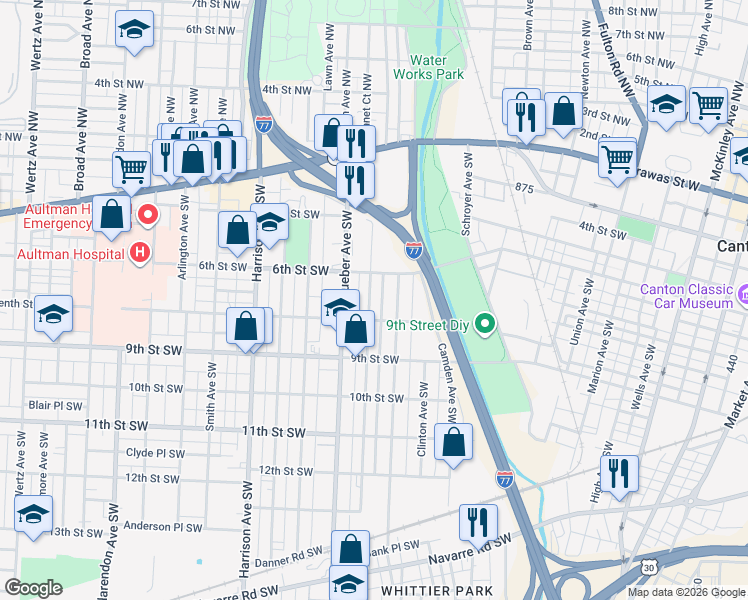 map of restaurants, bars, coffee shops, grocery stores, and more near 635 Garfield Avenue Southwest in Canton