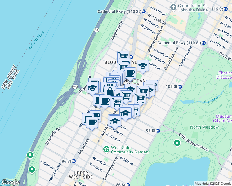 map of restaurants, bars, coffee shops, grocery stores, and more near 222 West 98th Street in New York
