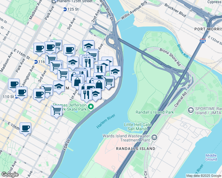 map of restaurants, bars, coffee shops, grocery stores, and more near 517 East 117th Street in New York