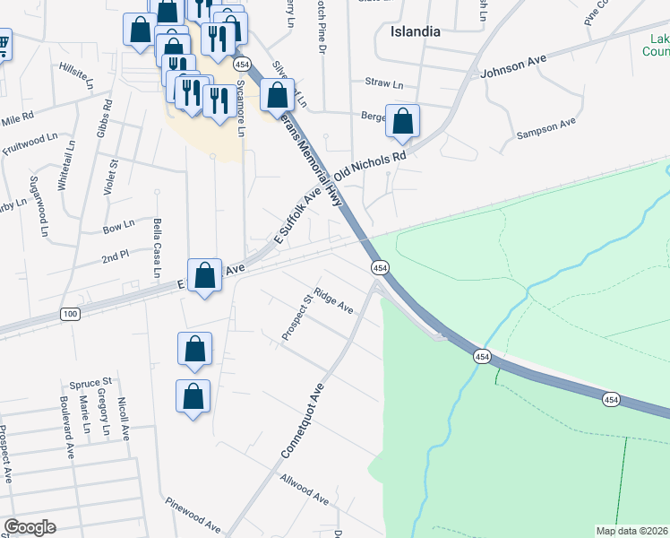 map of restaurants, bars, coffee shops, grocery stores, and more near 35 Pine-Edge Avenue in Central Islip