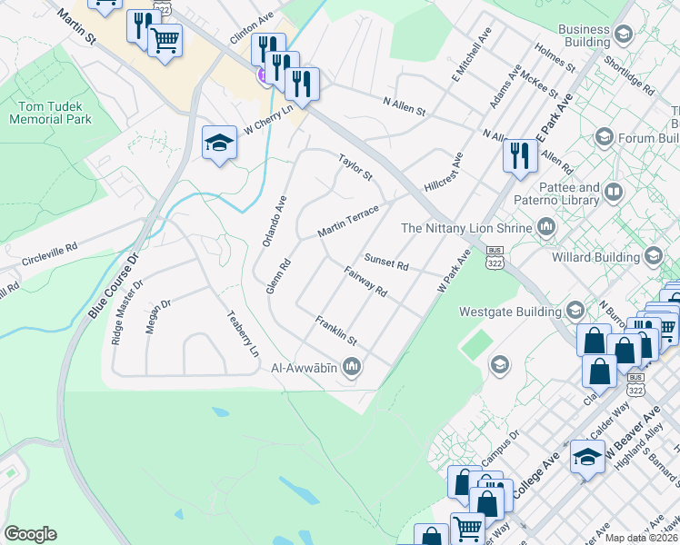 map of restaurants, bars, coffee shops, grocery stores, and more near 505 Hillcrest Avenue in State College
