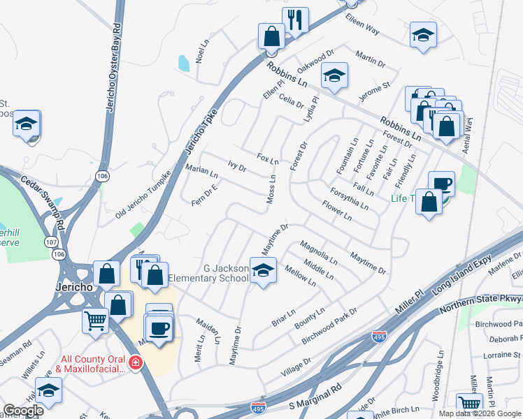 map of restaurants, bars, coffee shops, grocery stores, and more near 35 Moss Lane in Jericho
